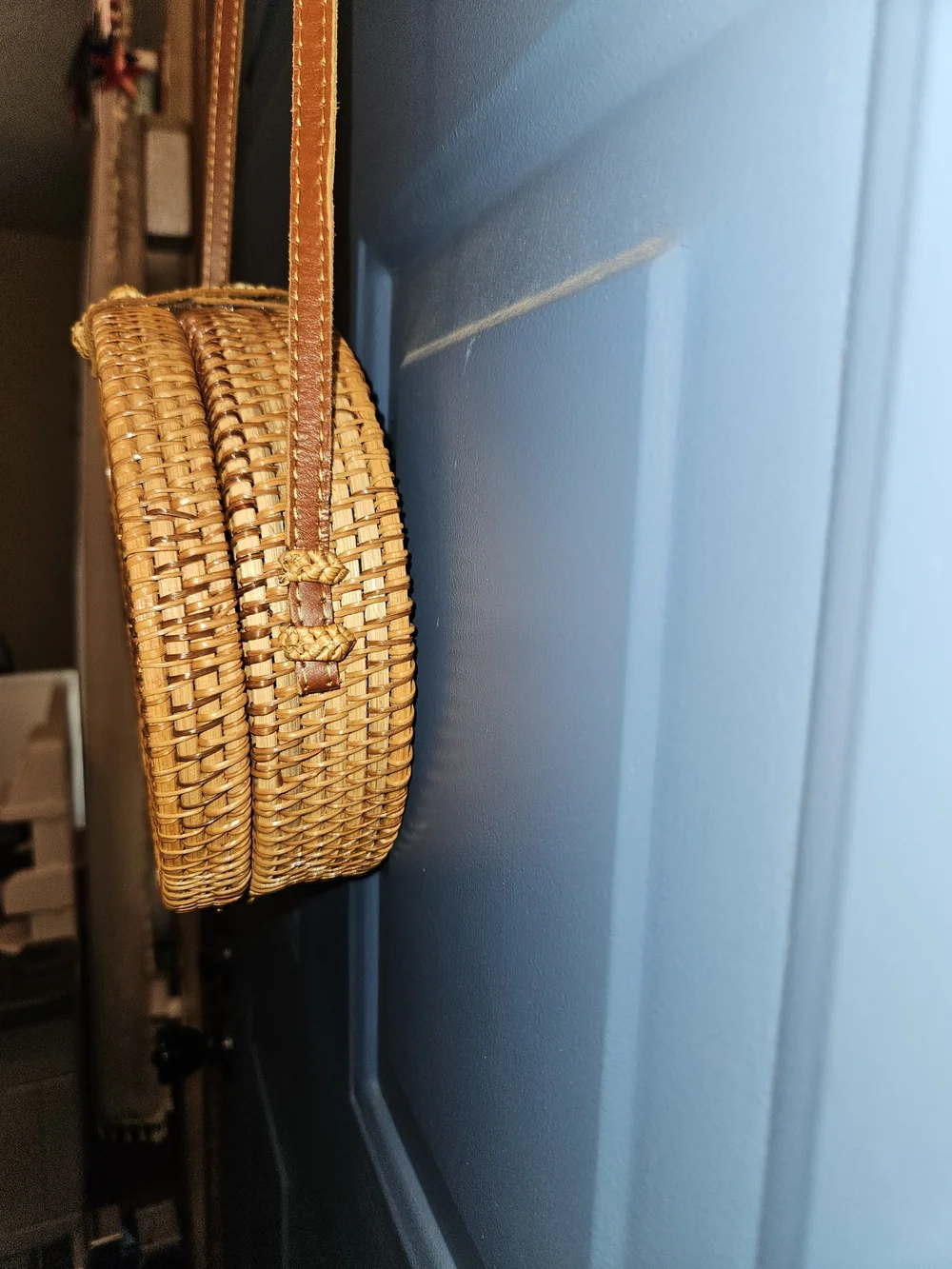 Round Woven Crossbody Boho Bag in Natural Tan.